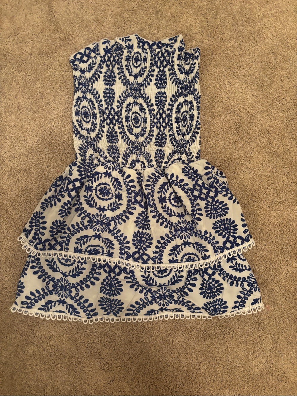 Blue and White Embroidered Strapless Peplum Dress